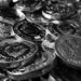 Close up of English pound coins jumbled together