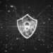 A black and white image showing a shield shaped padlock with many small, white rectangles floating and connecting around it
