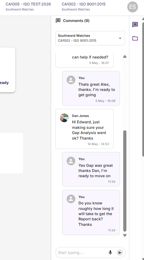 Messaging your dedicated ISO consultant inside the myWorkNest Compliance platform