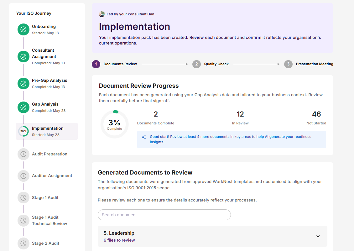 Tracking ISO implementation actions and progress in the platform